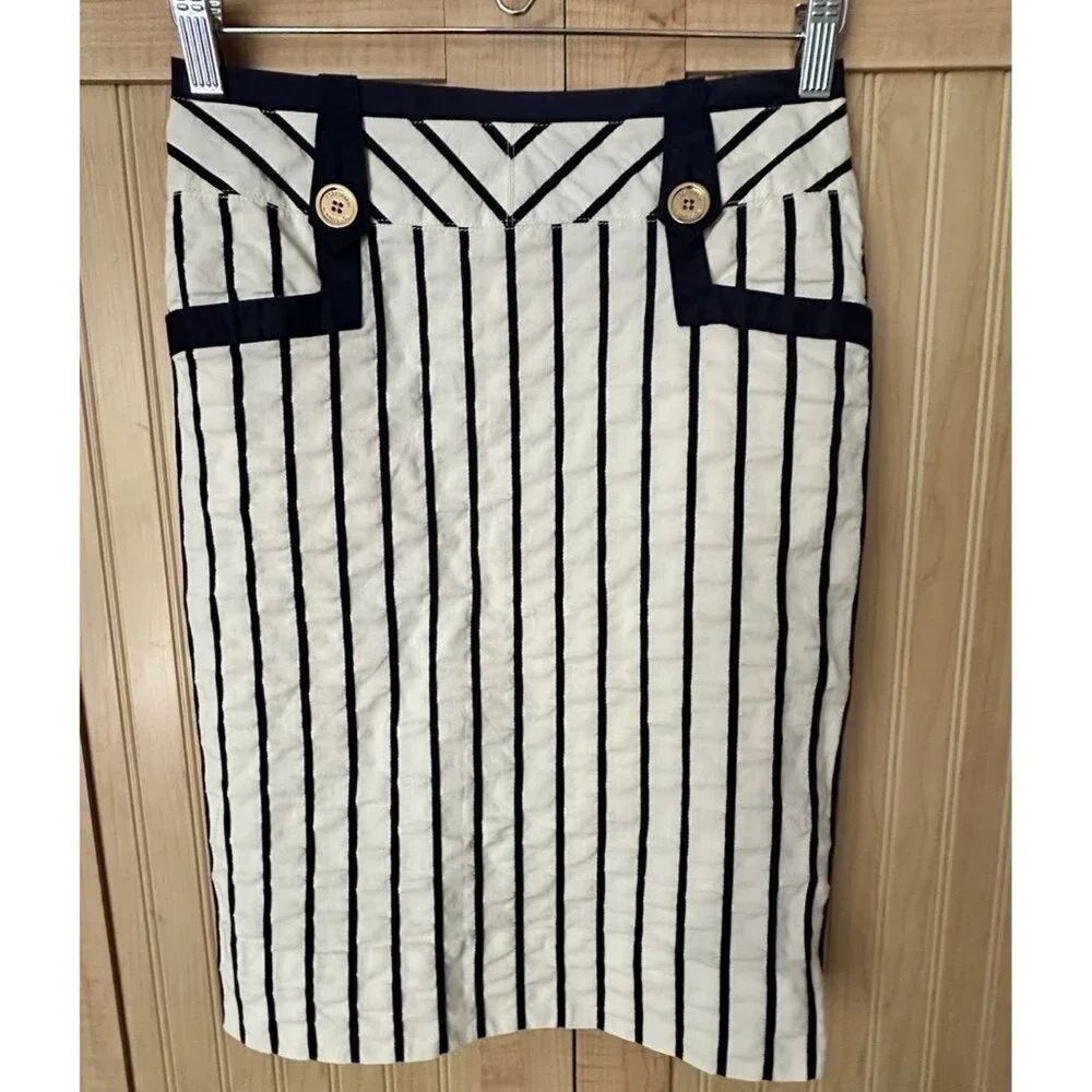 Tory Burch Koemi Nautical Striped Pencil skirt‎ W Gold Buttons Size 2 EUC Preppy